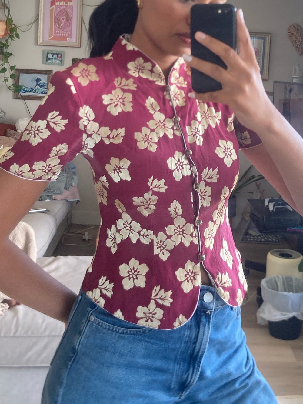 Spirit Red Cropped Button Down Shirt with Mandarin Collar